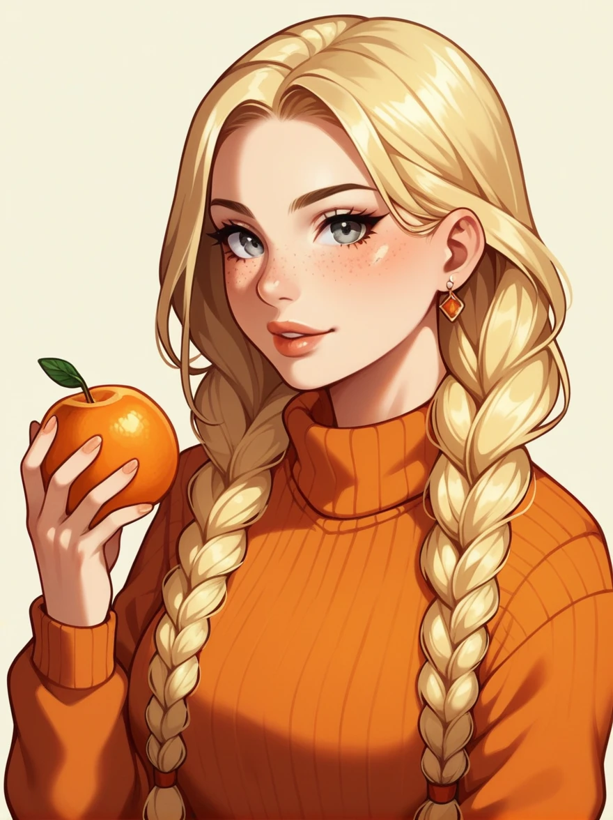 1girl, aran sweater, blonde hair, braid, cable knit, earrings, eyelashes, food, freckles, fruit, grey eyes, jewelry, lips, long hair, long sleeves, looking at viewer, mandarin orange, orange \(fruit\), orange slice, orange sweater, orange theme, solo, sweater, twin braids, upper body