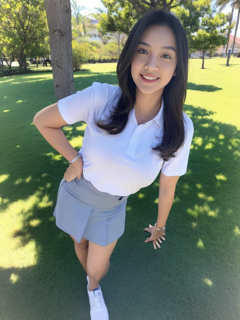 1girl, solo, (uniform), standing, beautiful scenery at the background, detailed face, seductive smile, detailed eyes, thick breasts, smooth skin, tight white shirt, grey blue short skirt, looking at the audience, low angle shot,(8k, RAW photo, best quality, masterpiece: 1.2), (realistic, realistic: 1.37), ultra-high resolution, (ultra wide angle shot:1.3)