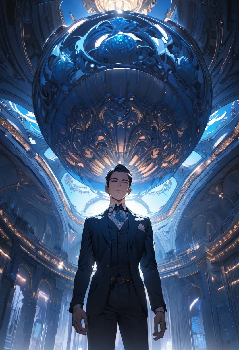 absurdres, ultra detailed, vfx, blue hour, dramatic lighting, focus solo boy, gentleman, masterpiece