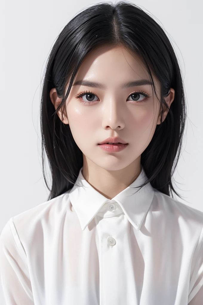 white background, medium hair, layerd black hair, white shirt
