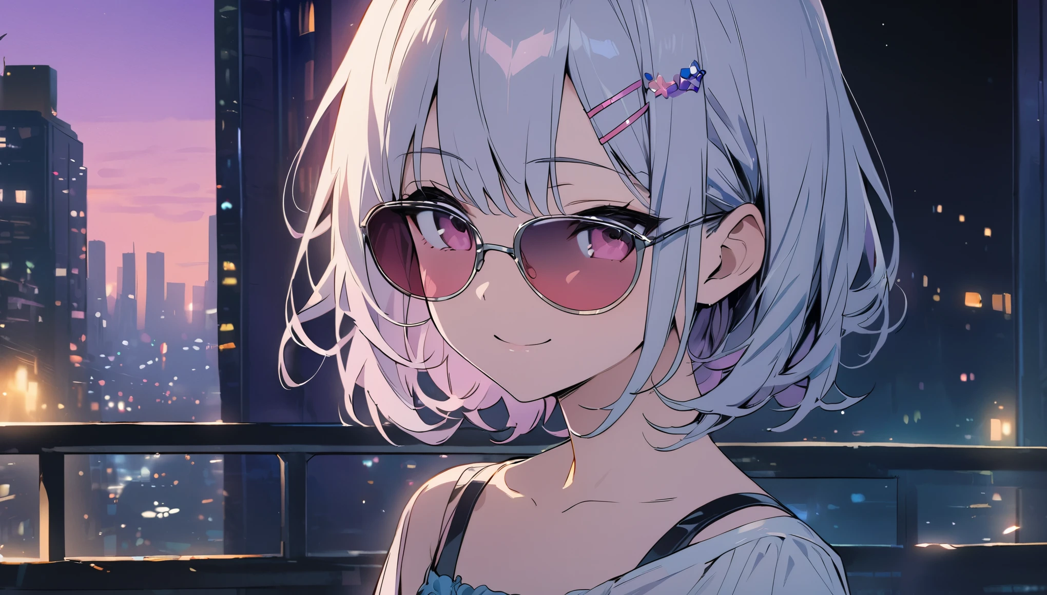 silver short hair and bob hair、I tied my hair in a bun with a hair clip..、beautiful pink eyes、smile、gentle smile on her face、flat chest, one Beautiful girl,((masterpiece, illustration, best quality)) a girl wearing sunglasses (sunglasses), Behind is the cityscape in the evening. There are twinkling lights of the city amidst the blue, blue, and purple sky. Cool girls stand on high balconies or bridges. Looking out at the city with a confident and calm expression. The colors of the picture emphasize the dramatic tone. close up to the face
