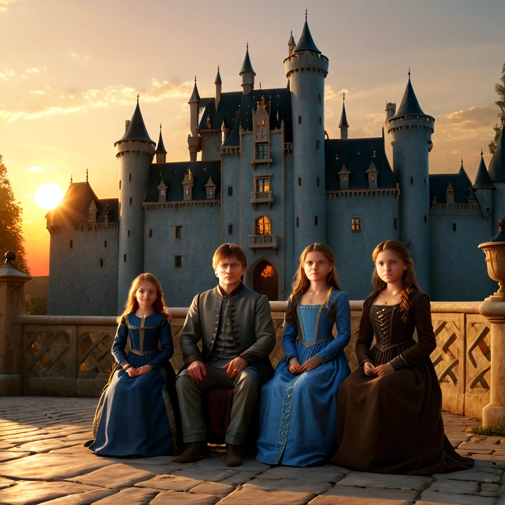 Wallpaper,32K,(realist),The Potter family in front of the European style castle.,At dusk, the setting sun,realistic physical rendering,Tyndall effect,light effect,throne of power