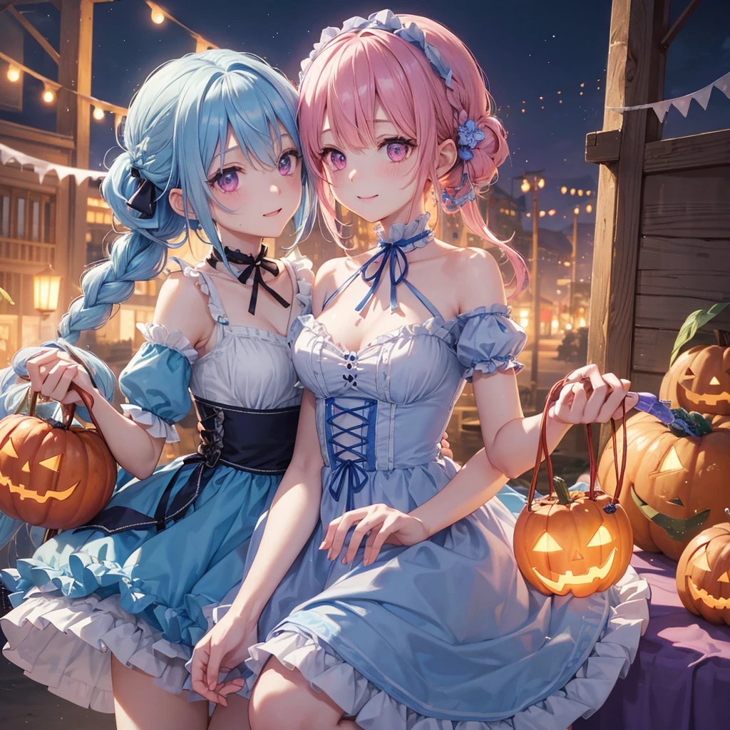 (Light blue medium hair),(Braided hair tied together)、Pink eyes、Fair skin、cowboy shot、Halloween、The background is a pumpkin ghost、Trick or Treat、A lot of sweets、Lollipop、Cosplay、A surprising smile、A dignified figure、solo、(masterpiece、Highest quality、Very detailed、Best Shadow)、(Detailed Background)、(Beautifully detailed face)、High contrast、(Best lighting、Very delicate and beautiful)、(Cinematic Light)、colorful、Hyper Detail、Dramatic Light、Exquisite detail、
