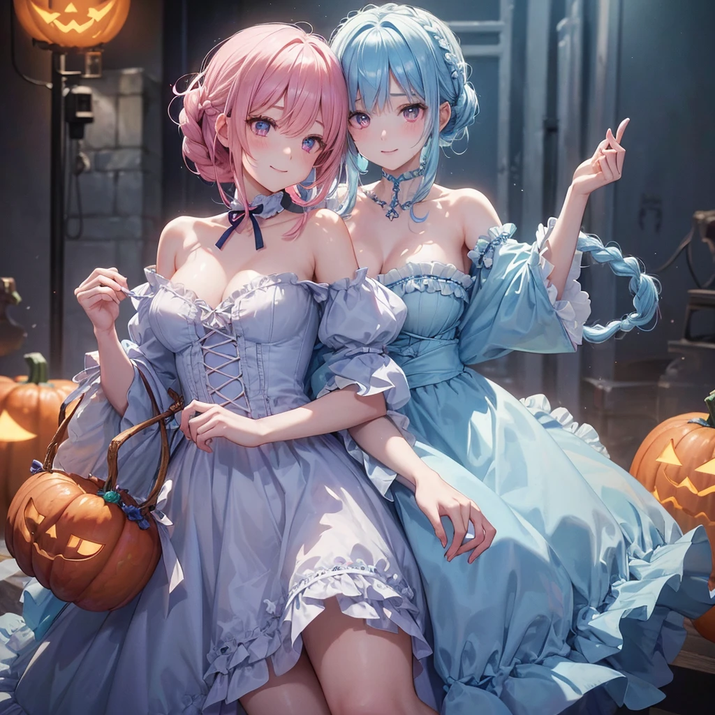 (Light blue medium hair),(Braided hair tied together)、Pink eyes、Fair skin、cowboy shot、Halloween、The background is a pumpkin ghost、Trick or Treat、A lot of sweets、Lollipop、Cosplay、A surprising smile、A dignified figure、solo、(masterpiece、Highest quality、Very detailed、Best Shadow)、(Detailed Background)、(Beautifully detailed face)、High contrast、(Best lighting、Very delicate and beautiful)、(Cinematic Light)、colorful、Hyper Detail、Dramatic Light、Exquisite detail、