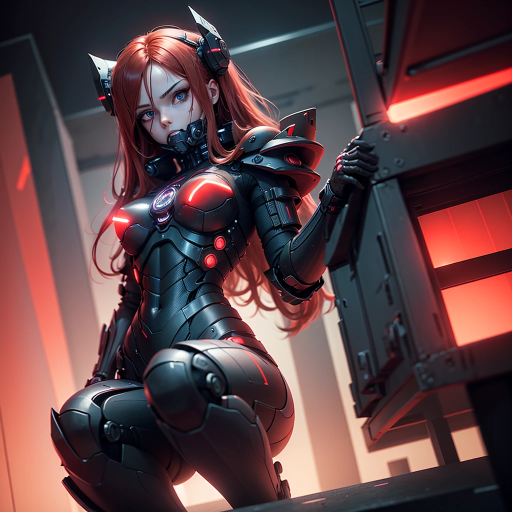 View from below, angle from below, flat horizon photo, Android girl in a pose sitting on her knees , she has long red hair, she has a mask on her face, a respirator, a woman with sexy hips, half a cyborg modification. Beautiful face, black metal cybernetic android robot body in black color, with red lines of indicators and diodes with many red parts, cybernetic armor with a red glow from under the joints and joints, she has blue eyes and stands tall , frame with a flat horizon, Anime Style Photography , black background Cyberpunk style, the camera films Her from below, lower angle of photography, black background image of a night black city and red neon lights, red lamps, red lighting, red flashes in the background