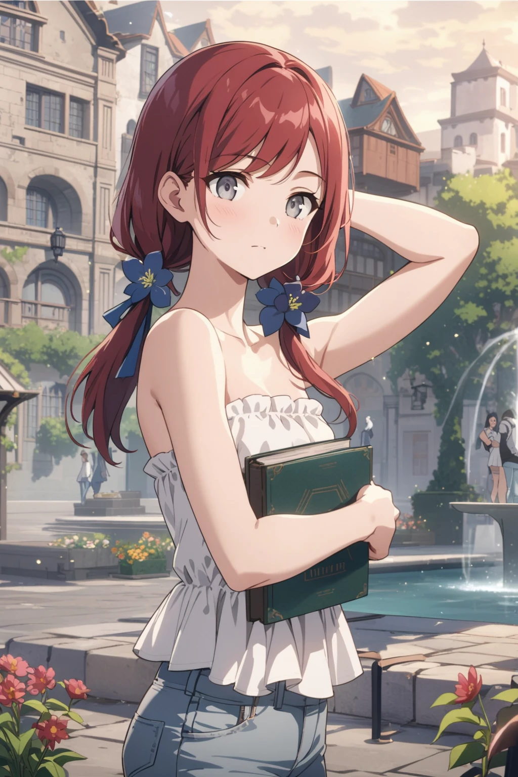 Highest Quality, masterpiece, light particles, gray eyes, red hair in low twin tails, swept bangs, stoic, looking at flowers, strapless white top, jeans, holding books, small breasts, toned arms, courtyard, people in background, anime