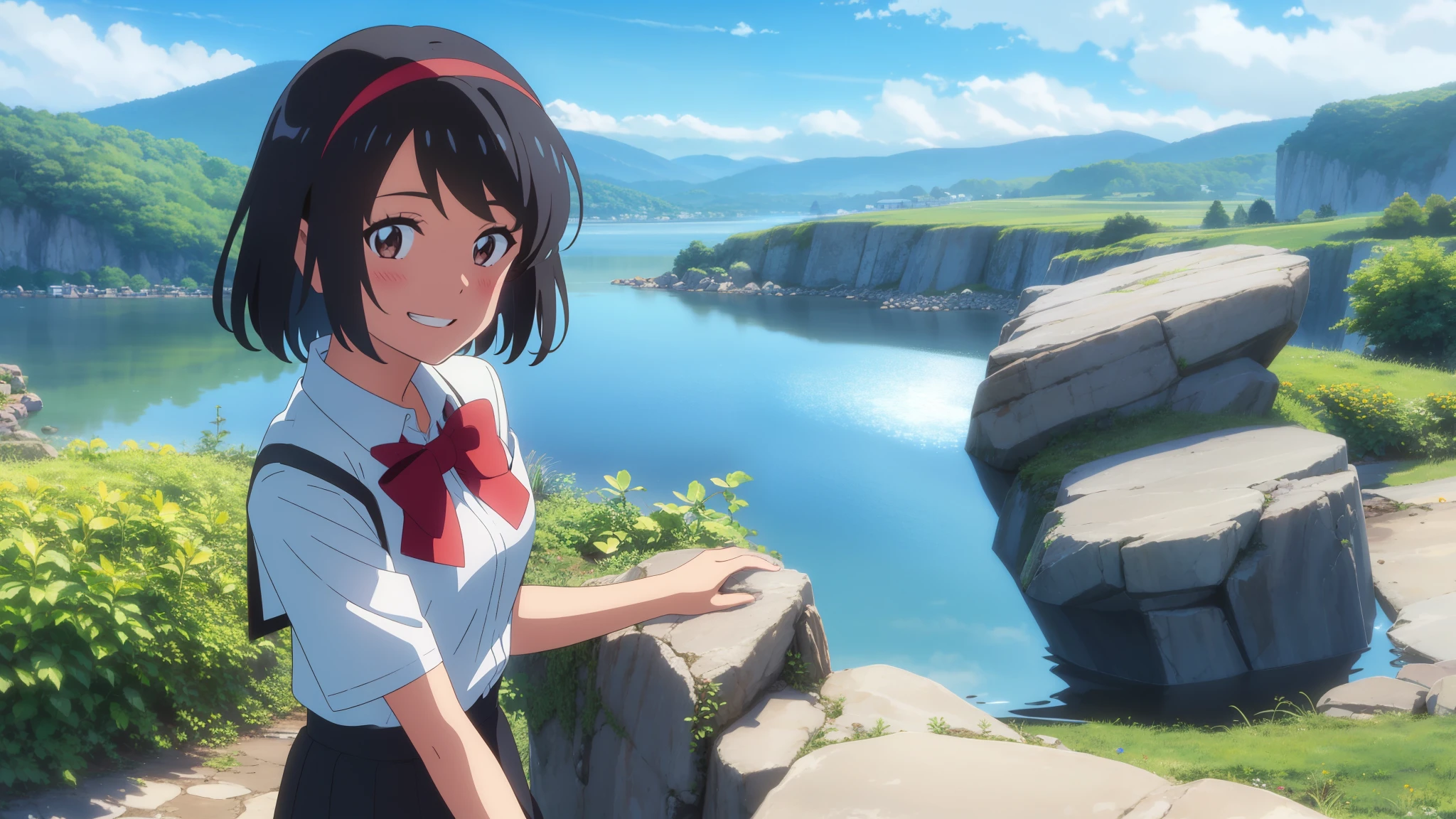 shinkai makoto, kimi no na wa., 1girl, bangs, black hair, blush, expressive eyes, brown eyes, perfect face, looking at the viewer, school outfit, white collared shirt, red headband, red ribbon, red bow, short sleeves, black skirt, short hair, solo, outdoors, shinny skin, smile, cute, grin, cloudy, blue sky, mountains, rocks, sitting, (masterpiece), best quality