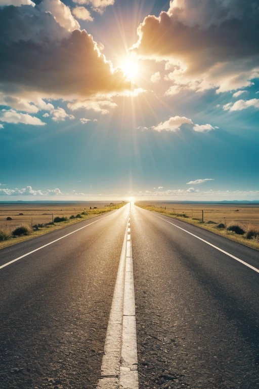 create a horizon landscape with moderate sun where there is a road with a border between countries
