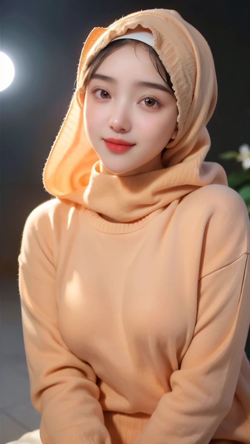 a 20 yo woman,hijab, soft pink sweater, dark theme, soothing tones, muted colors, high contrast, (natural skin texture, hyperrealism, soft light, sharp), simple background, smile, natural beauty