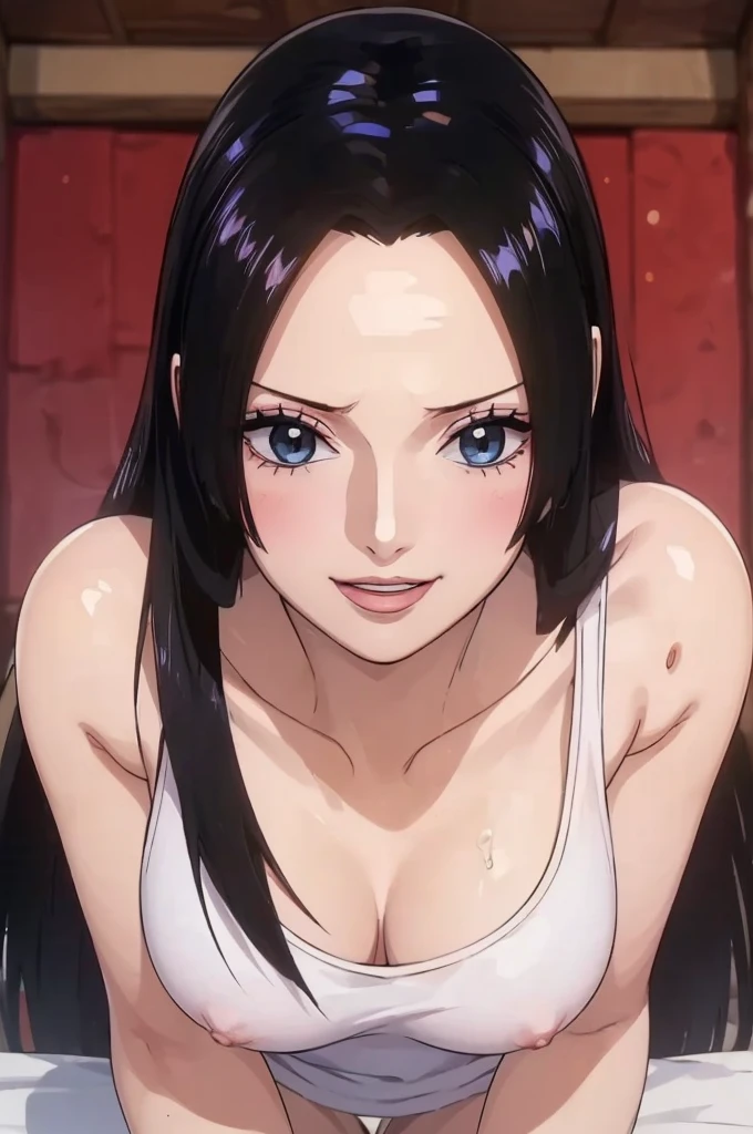 (((masterpiece))), (((best quality))), ((ultra-detailed)), (highly detailed CG illustration), Boa Hancock, (nsfw:1.4), (masterpiece:1.5), Detailed Photo, Smiling, Sexy, (Best Quality: 1.4), (1girl), Beautiful Face, (Black Hair, long Hair: 1.3), Beautiful Hairstyle, beautiful detail eyes, (realistic skin), beautiful skin, absurd, attractive, ultra high resolution, high definition, (sexually aroused:1.5), Pinkish white skin, cool white light, sexy pose, Beautiful , white background, pink soft white light, Wear a white tank top,