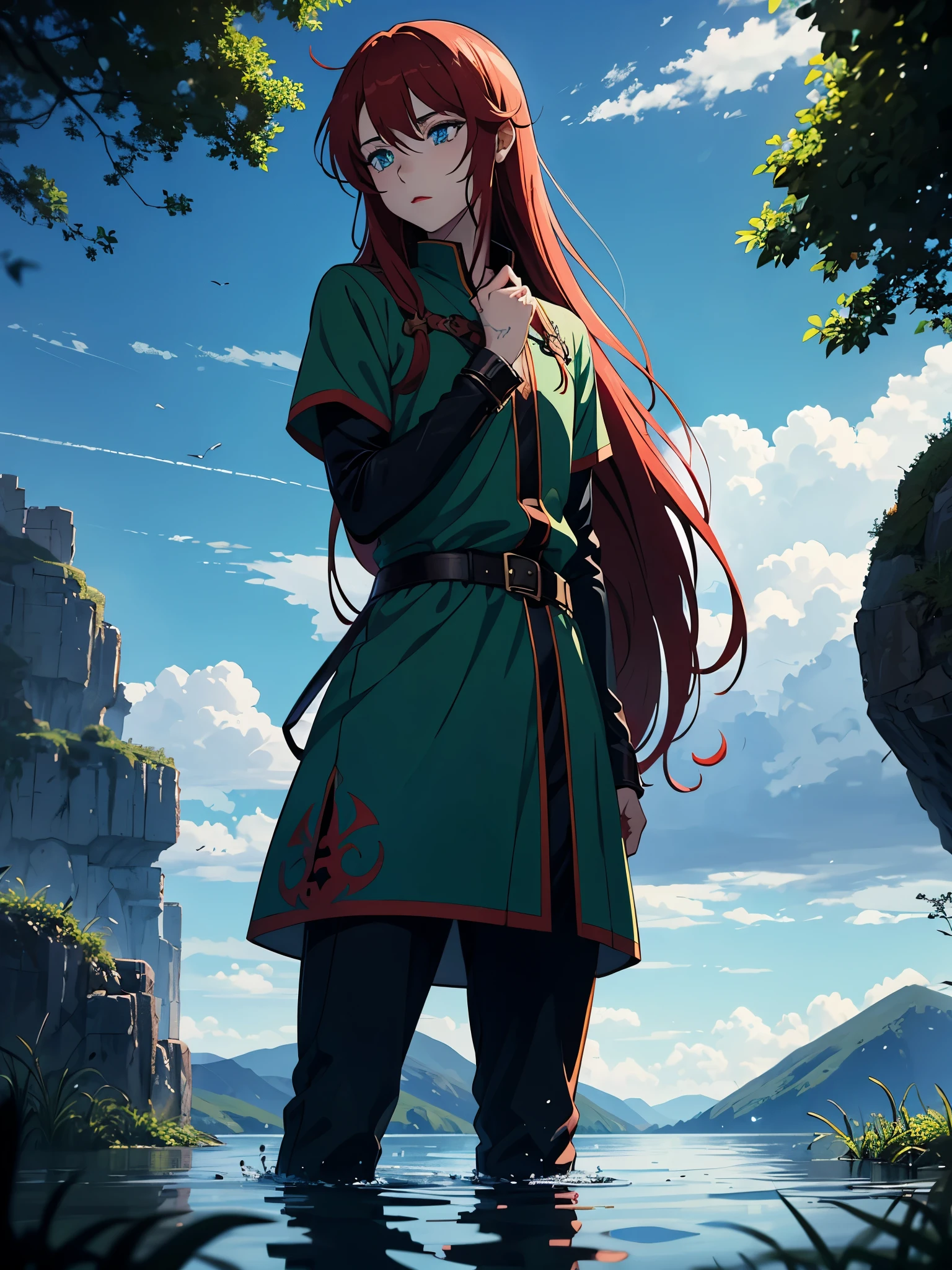 Boy. Männlich. Red lipstick. Runen magier. Runes. Runenschrift. Runen Tattoo. More anime style. blue flames. 2d. flatter. anime style. Green clothing. Viking clothing. soft. More anime. Standing in a lake. More anime. More 2d. Clean. More anime. 2d. Glow. Red hair. More anime. male. Long hair. long red hair. boy, vikings. red hair. Blue eyes. fire.
