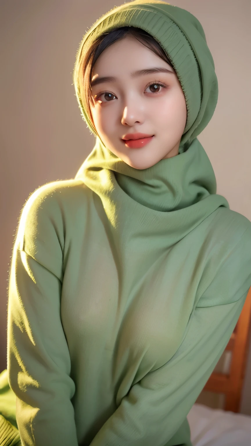 a 20 yo woman,hijab, soft green sweater, dark theme, soothing tones, muted colors, high contrast, (natural skin texture, hyperrealism, soft light, sharp), simple background, smile, natural beauty