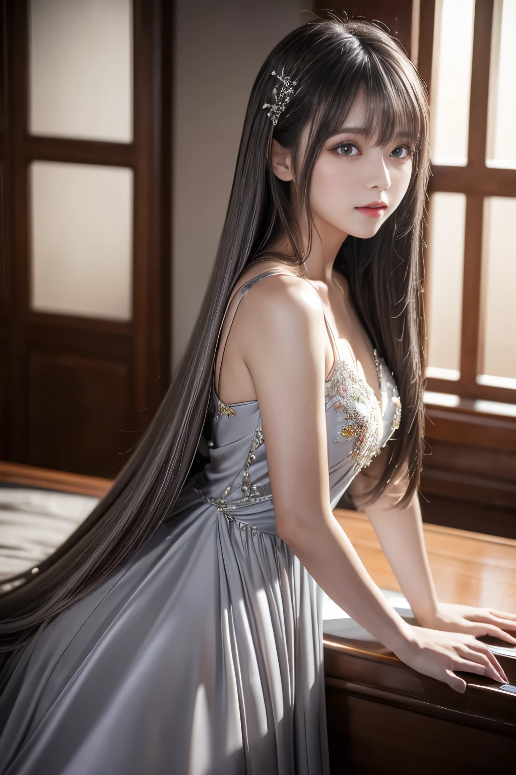 (Very detailedCG 8k壁紙, masterpiece, Highest quality, Very detailed), (Better lighting, Better Shadows, Very delicate and beautiful), floating, High saturation, Dynamic Angle, ((One girl)), nice, Ningguang City(Orchid Evening Dress) Gray Hair, Red eyes, Very long hair, hair ornaments, bangs