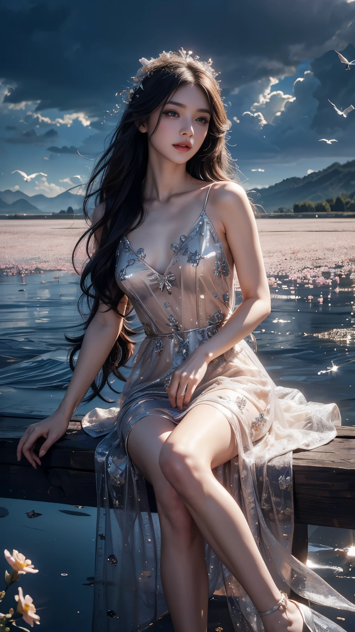 8K, UHD, masterpiece, 1 girl, good face, very long hair, detailed eyes, detailed lips, light makeup, small breasts, fairytale dress, black dress, lace, stocking, in the cloud, cloudy sky, flowers, water, heaven, flying birds, dim lighting, realistic shadow, bloom, ray tracing,