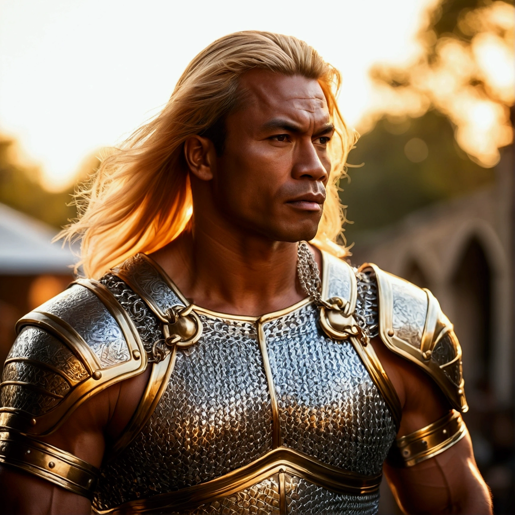 (masterpiece), (extremely intricate:1.3), (realist), portrait of a muscular indonesian bodybuilder guy, ((medieval armor)), reffar de metal, Upper part of the body, outdoor, intense sunlight, far, Detailed professional photography of a stunning man., (long and blond hair, dynamic pose), sharp focus, dramatic, awarded, cinematic lighting, volumetric dtx, (film grain, blurred background, blurred closeup, bokeh, depth of field, Sunset, interaction, golden chrome perfect chain mail), 8k