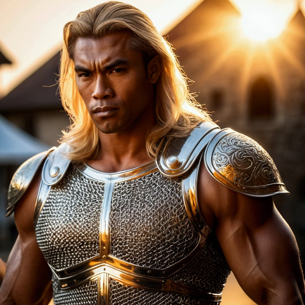 (masterpiece), (extremely intricate:1.3), (realist), portrait of a muscular indonesian bodybuilder guy, ((medieval armor)), reffar de metal, Upper part of the body, outdoor, intense sunlight, far, Detailed professional photography of a stunning man., (long and blond hair, dynamic pose), sharp focus, dramatic, awarded, cinematic lighting, volumetric dtx, (film grain, blurred background, blurred closeup, bokeh, depth of field, Sunset, interaction, golden chrome perfect chain mail), 8k