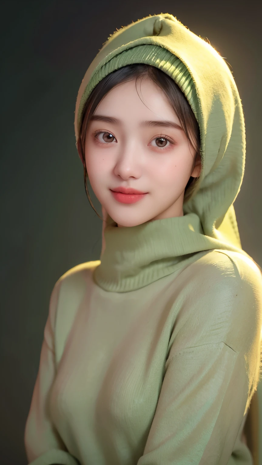 a 20 yo woman,hijab, soft green sweater, dark theme, soothing tones, muted colors, high contrast, (natural skin texture, hyperrealism, soft light, sharp), simple background, smile, natural beauty
