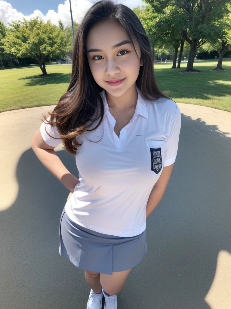 1girl, solo, (uniform), standing, outdoors, (ultra wide angle shot: 1.4), beautiful scenery, detailed face, seductive smile, detailed eyes, thick breasts, smooth skin, tight white shirt, grey blue short skirt, looking at the audience, low angle shot,(8k, RAW photo, best quality, masterpiece: 1.2), (realistic, realistic: 1.37), ultra-high resolution