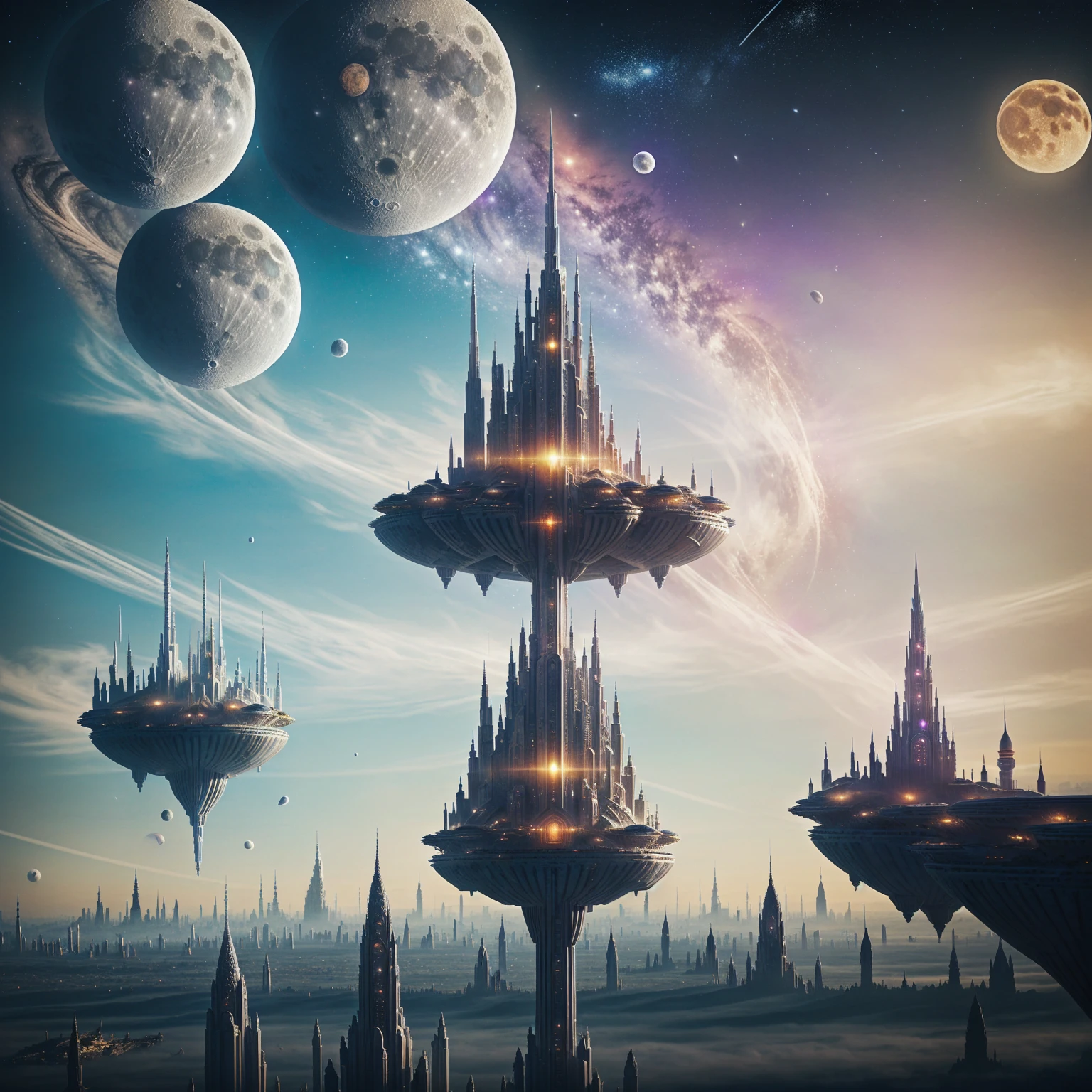 Arafed city in the sky with a moon and planets, ethereal starlit city at dusk, in a science fiction and fantasy city, fantasy cityscape, Highly detailed 4k digital art, fantasy city, in front of a fantasy city, symmetrical fantasy landscape, ancient science fiction city, floating palace, fantasy city background, surreal alien kingdom, floating city in the sky.