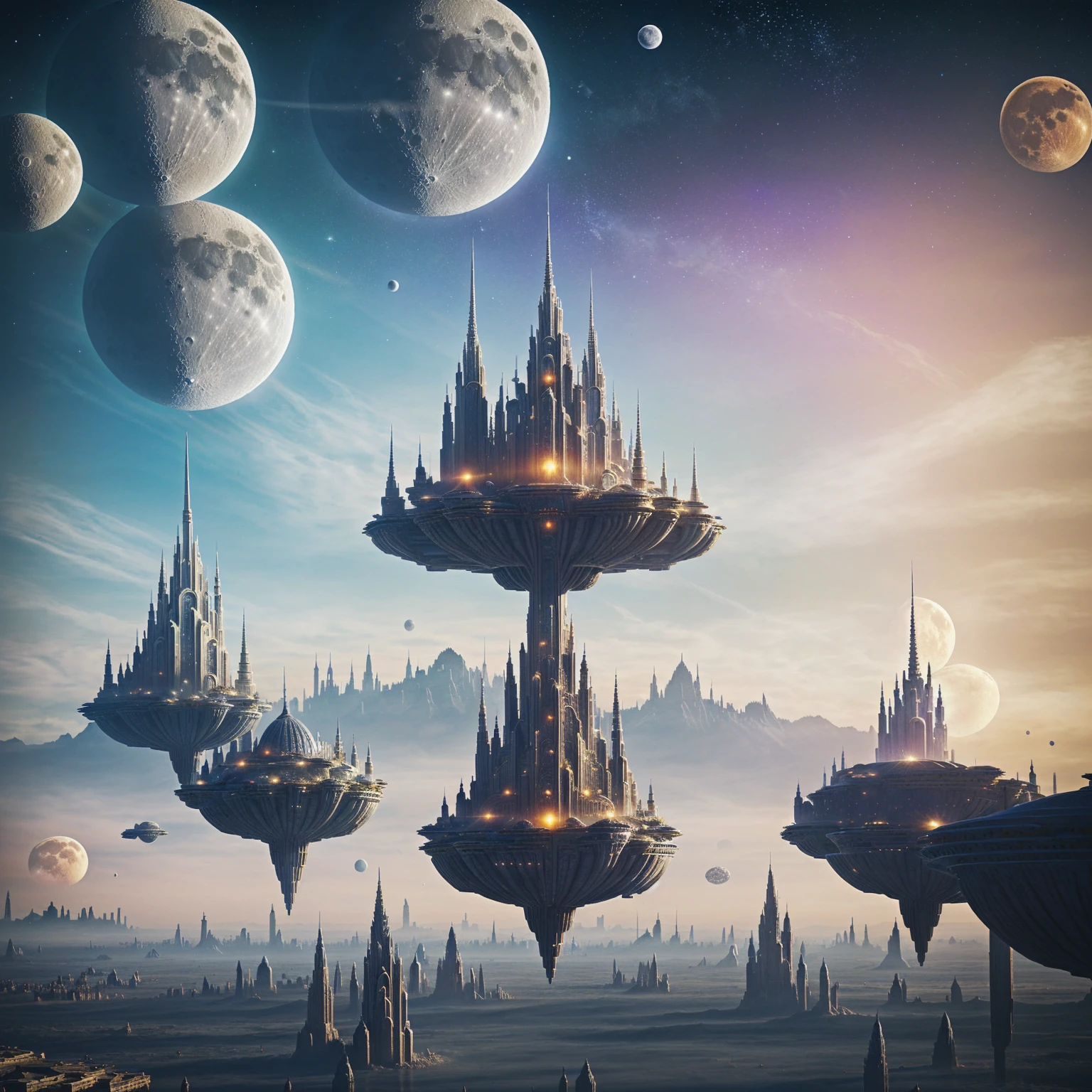 Arafed city in the sky with a moon and planets, ethereal starlit city at dusk, in a science fiction and fantasy city, fantasy cityscape, Highly detailed 4k digital art, fantasy city, in front of a fantasy city, symmetrical fantasy landscape, ancient science fiction city, floating palace, fantasy city background, surreal alien kingdom, floating city in the sky.