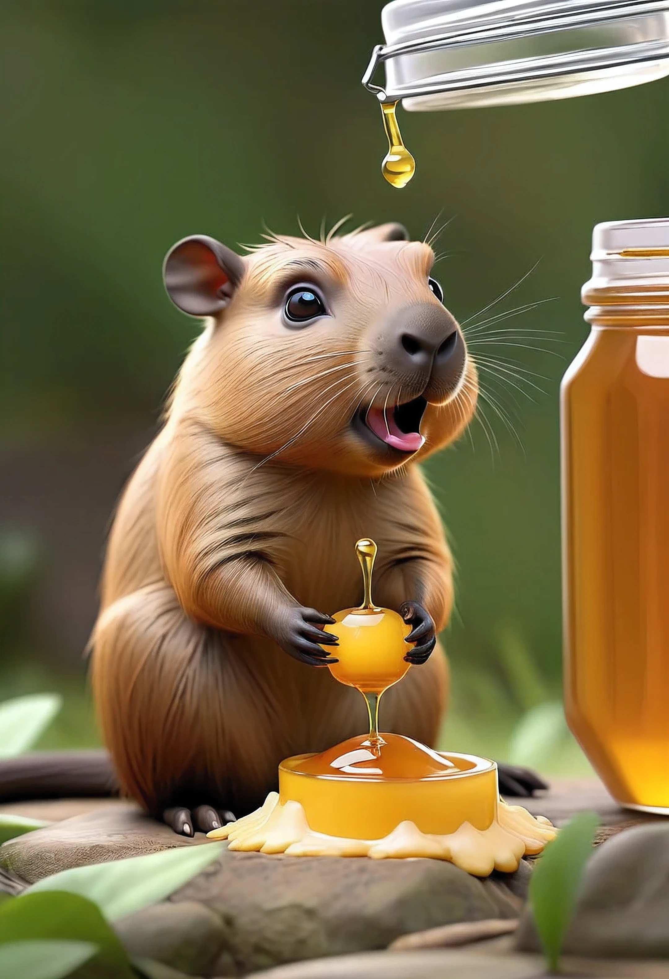 Realistic photo of a baby capybara sitting eating honey from a jar