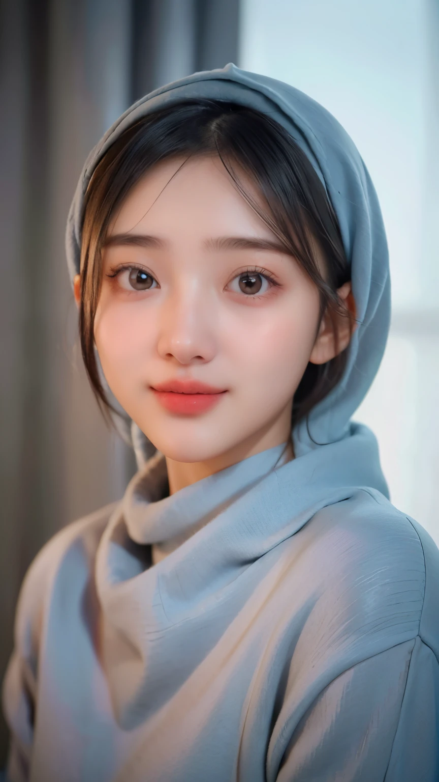 a 20 yo woman,hijab, soft blue sweater, dark theme, soothing tones, muted colors, high contrast, (natural skin texture, hyperrealism, soft light, sharp), simple background, smile, natural beauty