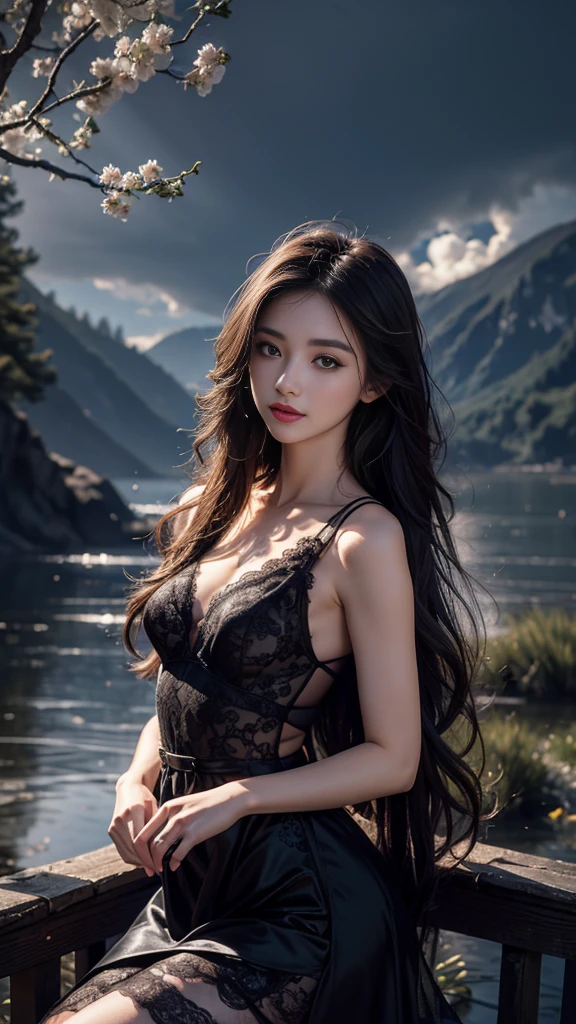 8K, ultra hd, masterpiece, 1 girl, ((18 years old girl)), good face, very long hair, detailed eyes, detailed lips, small breasts, detailed clothing, black clothing, ((criss-cross lace), sardine, ornament, jewellery, antique jewellery, loops, straps, dim lighting, epic scenery, night scenery, ((moon light)), cherry blossom, beautiful, rain, flowers, butterfly, water reflection, RTX 4090, ray tracing, bloom effect, front body,