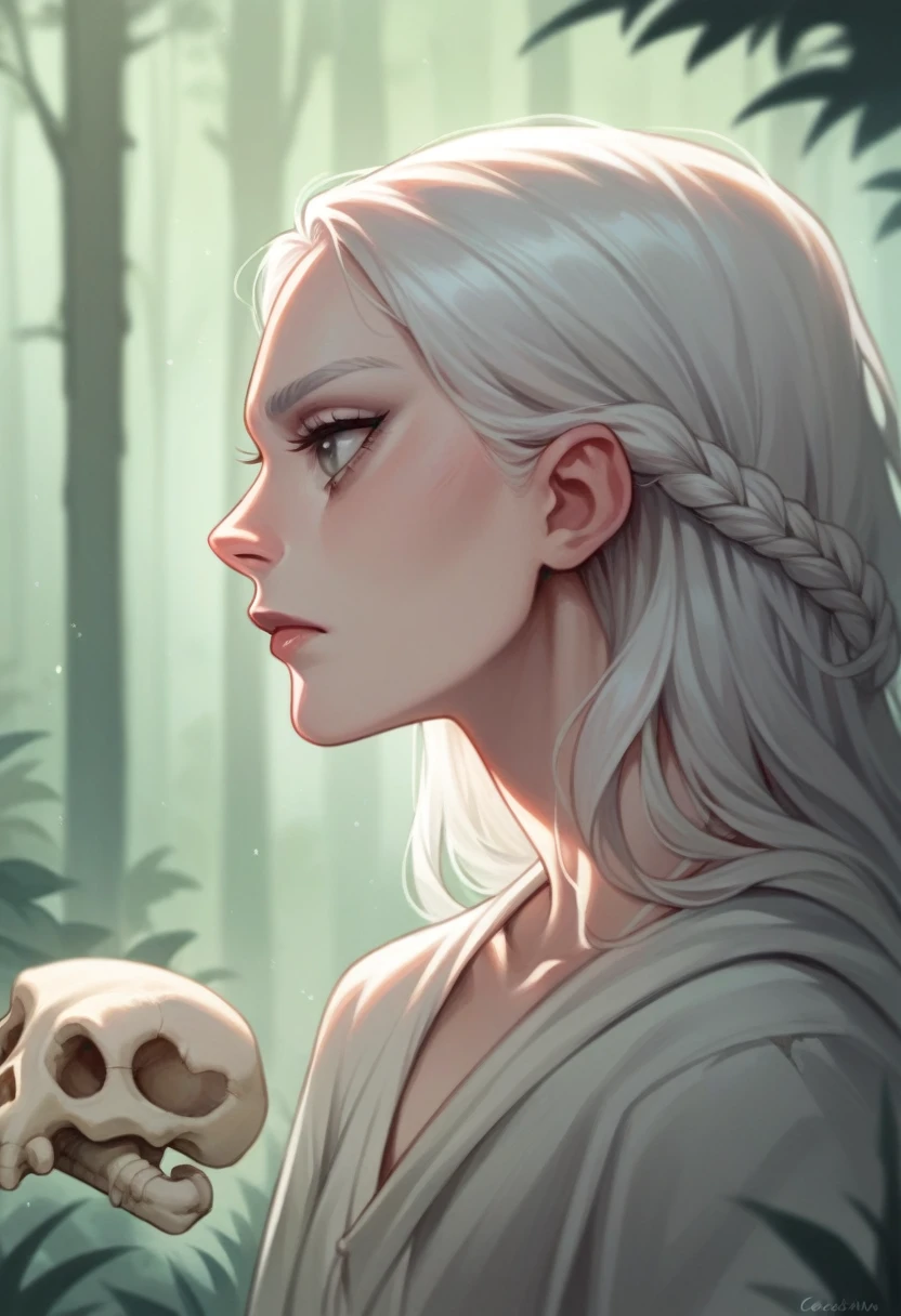 Woman, caucasiana, gray eyes, White hair, Bone witch, profile image, detailed bone white clothing, bones around, black forest background.