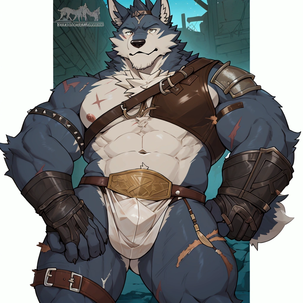 Solo Sexy young anthro furry wolf male mercenary medieval solider, slim endomorph muscular, anthro handsome gay shorter muzzle, handsome gay model male apperance, he masturbate his gard erection dick, cum cumshoot, erection of dick, dick masturbation with hand,sword scars, worn out leather skimpy armament, low on hips heavy leather belt, old very worn out skimpy dirty linen material jockstrap, old yellow dirty worn out stains on white sawn jockstrap, very visible "x" brown seam pattern on the jockstrap, studded skimpy armlets breastplate armor, skimpy breastplate, leather bondages, fingerless leather gloves, smelly unwashed furr, dirty body look, desert battlefield, looks pleasured