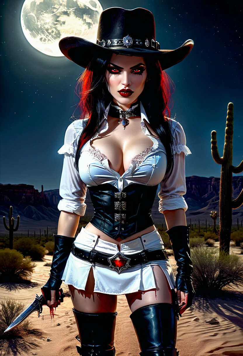 19th century photograph picture of a female vampire cowboy in the desert night, a goth beauty, exquisite beautiful female vampire, ((anatomically correct: 1.5), (ultra detailed face: 1.2), best detailed face, red glowing eyes, full body, busty, wearing white bottom shirt, short skirt, dynamic color. wearing (cowboy hat: 1.2), wearing high heeled boots, it is night time in the desert, moon light. moon rays, west America desert canyon background, Hyperrealism style, vibrant, Ultra-high resolution, High Contrast, (masterpiece:1.5), highest quality, Best aesthetics), best details, best quality, highres, ultra wide angle, 16k, [ultra detailed], masterpiece, best quality, (extremely detailed) RAW, chumbasket art style, rpg portrait photograph, BloodSoakedAI