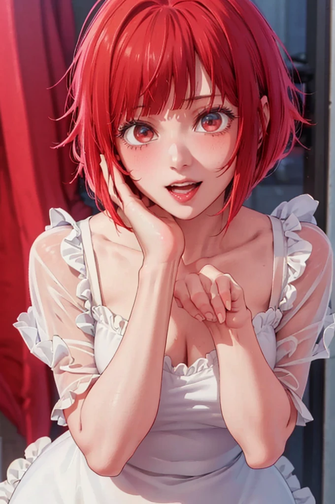 best quality, masterpiece, highly detailed,1girl, Arima Kana, , (masterpiece:1.5), Detailed Photo, Smiling, Sexy, (8K, Best Quality: 1.4), (1girl), Beautiful Face, (anime realistic Face), (Red Hair, short Hair: 1.3), Beautiful Hairstyle, Realistic eyes, beautiful detail eyes, (white skin), beautiful skin, absurd, attractive, ultra high resolution, ultra realistic, high definition, golden ratio, (sexually aroused:1.5), Pinkish white skin, cool white light, sexy pose, Beautiful , white background, pink soft white light, Wear a black bodycon dress,