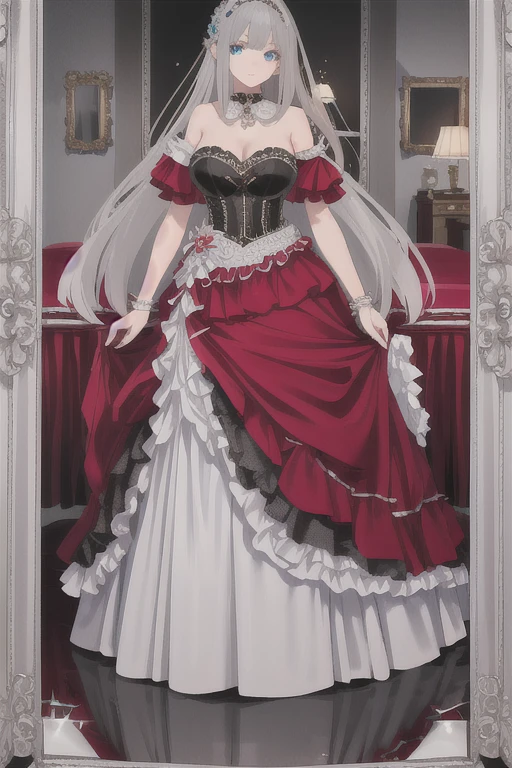 (((Best quality))), ((Ultra-detailed)), ((illustration)), ((Disheveled hair)), ((frilld)), (1 girl),(Solo),best quality, super fine, 16k, incredibly absurdres, extremely detailed, delicate and bold, a work of art, a carved mirror frame made of luxurious silver chrome plating, cracks radiating from the center of the mirror, red and black flamenco costumes reflected in the mirror, beautiful woman, Tiffany blue plaster room,rating:safe,gray_hair,blue_eyes,