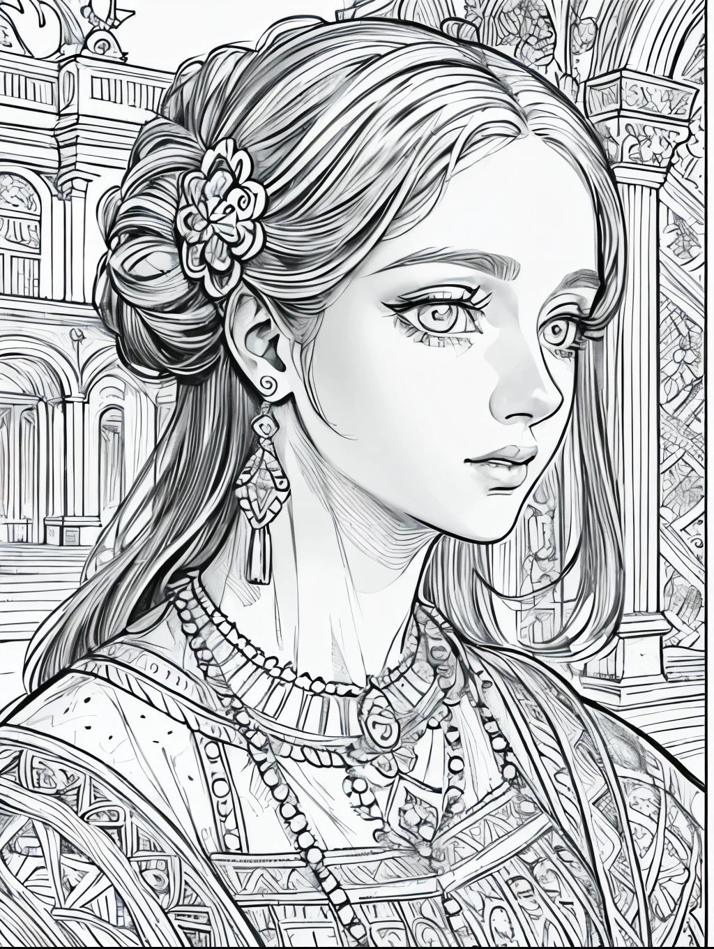(Black and white coloring book:1.5), line drawings, masterpiece, best quality, ultra-detailed, high resolution, Very detailed face, (Eyes clear and distinct lines), Hair is white color, cowboy shot, A woman in an elegant ancient Greek/Roman toga style dress.Flowing drapes and classic patterns, Hyper detailed crisp black line draw, ((simple white color)), Fibonacci