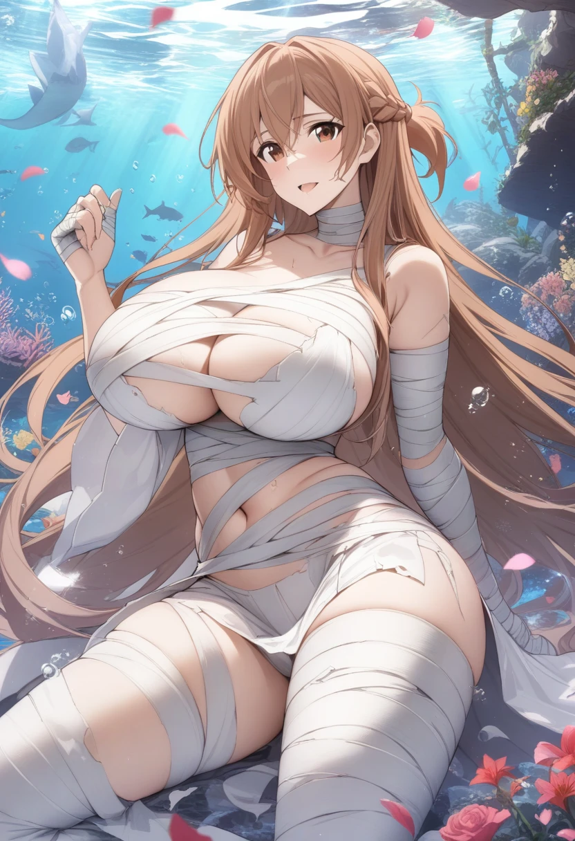 masterpiece, best quality, very aesthetic, absurdres, 1girl, mature_lady,Mummy_clothes, bandage_clothes, bandaged_chest, bandaged_fingers, bandaged_hand, bandaged_head, bandaged_neck, bandaged_thighs, bandaged_pants, bandages cover body,huge_tit,,asuna_(sao), sword_art_online, brown_eyes, brown_hair, long_hair, very_long_hair, braid, french_braid,,under sea,surrounding by flowers,falling_petals, petals,,