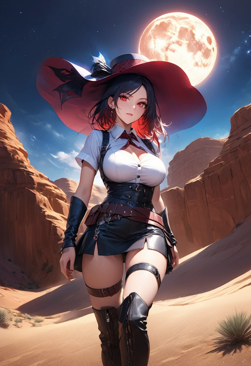 a picture of a female vampire cowboy in the desert night, a goth beauty, exquisite beautiful female vampire, ((anatomically correct: 1.5), (ultra detailed face: 1.2), best detailed face, red glowing eyes, full body, busty, wearing white bottom shirt, short skirt, dynamic color, wearing (Gambler Crease  hat: 1.2), wearing high heeled boots, it is night time in the desert, moon light. moon rays, west America desert canyon background, Hyperrealism style, vibrant, Ultra-high resolution, High Contrast, (masterpiece:1.5), highest quality, Best aesthetics), best details, best quality, highres, ultra wide angle, 16k, [ultra detailed], masterpiece, best quality, (extremely detailed) RAW, chumbasket art style, rpg portrait photograph, magical sky