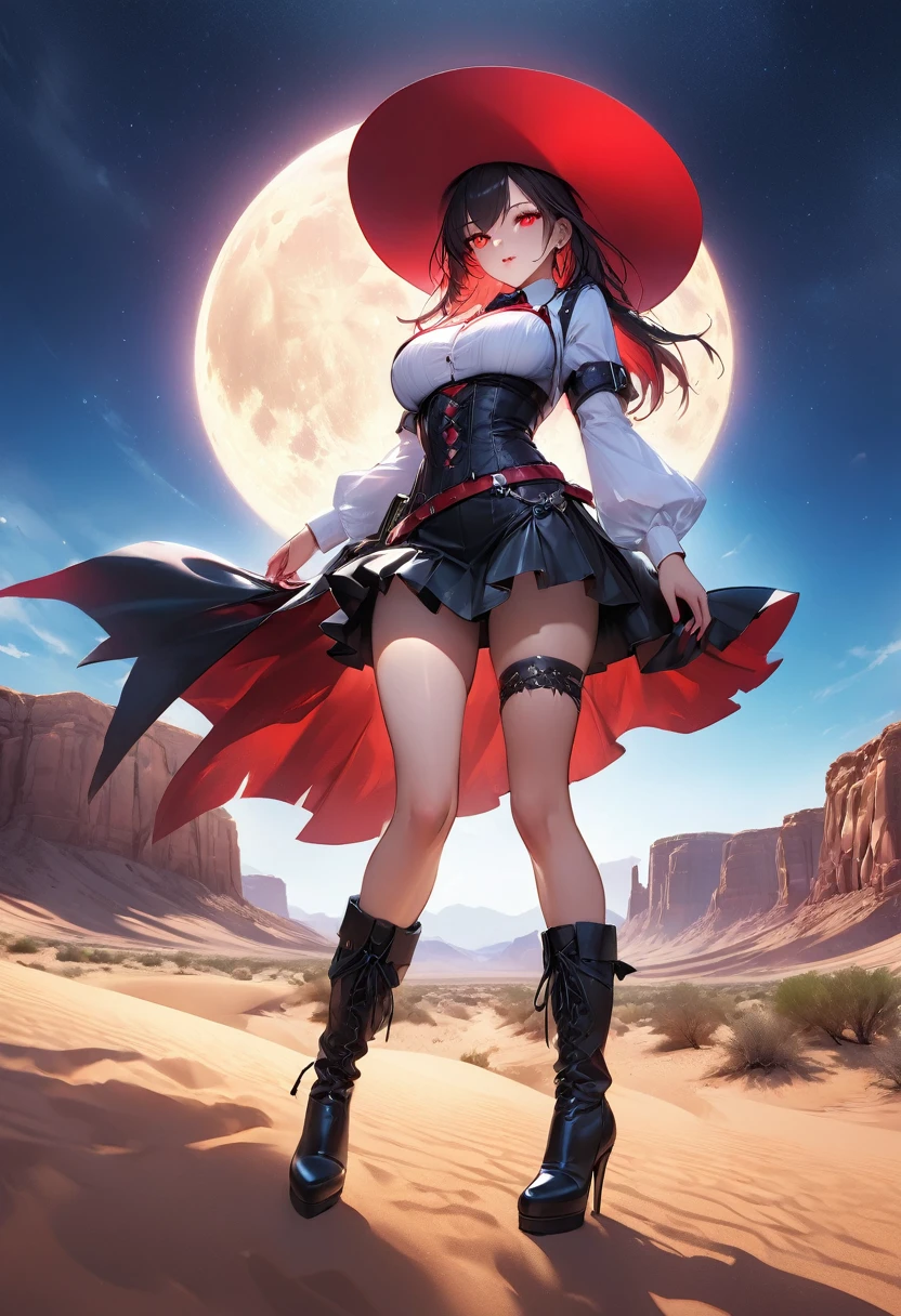 a picture of a female vampire cowboy in the desert night, a goth beauty, exquisite beautiful female vampire, ((anatomically correct: 1.5), (ultra detailed face: 1.2), best detailed face, red glowing eyes, full body, busty, wearing white bottom shirt, short skirt, dynamic color, wearing (Gambler Crease  hat: 1.2), wearing high heeled boots, it is night time in the desert, moon light. moon rays, west America desert canyon background, Hyperrealism style, vibrant, Ultra-high resolution, High Contrast, (masterpiece:1.5), highest quality, Best aesthetics), best details, best quality, highres, ultra wide angle, 16k, [ultra detailed], masterpiece, best quality, (extremely detailed) RAW, chumbasket art style, rpg portrait photograph, magical sky