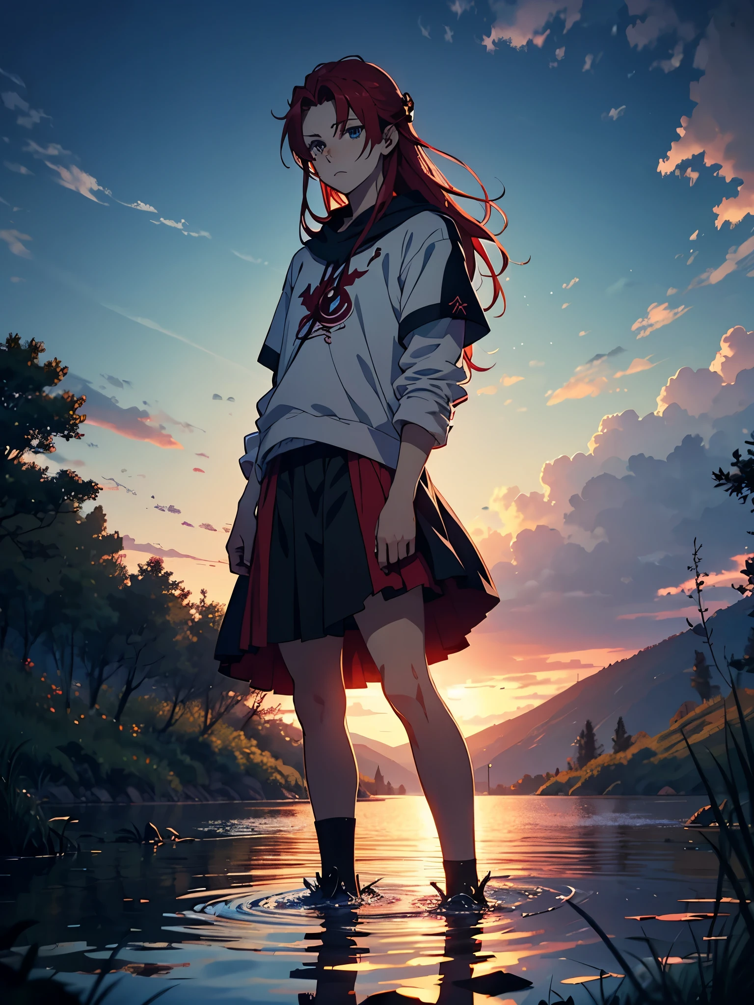Boy in skirt. More anime style. blue flames. 2d. flatter. anime style. Viking clothing. soft. More anime. Standing in a lake. More anime. More 2d. Clean. More anime. 2d. Glow. Red hair. More anime. male. Long hair. long red hair. boy, vikings. red hair. Blue eyes. fire. 