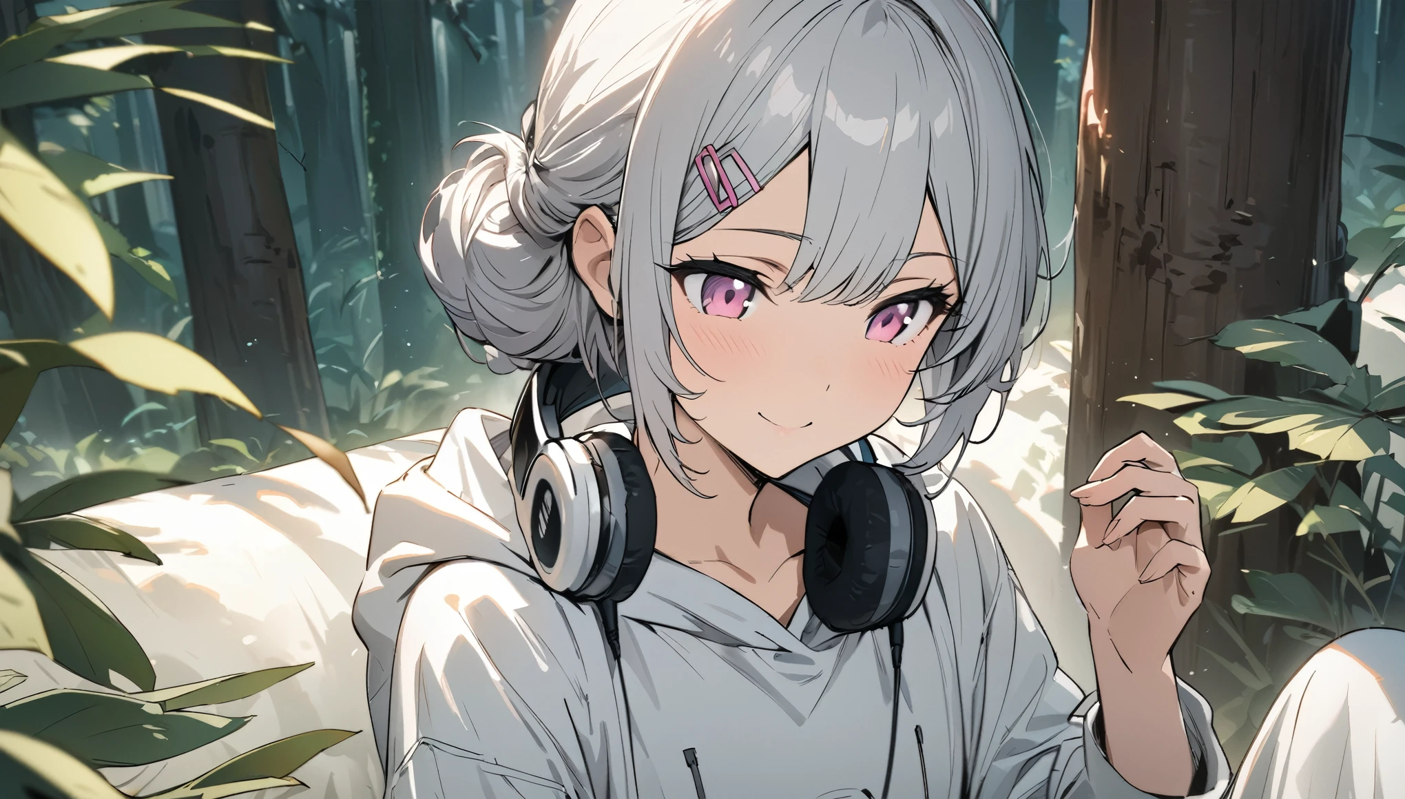 silver short hair and bob hair、I tied my hair in a bun with a hair clip..、beautiful pink eyes、smile、gentle smile on her face、flat chest, one Beautiful girl,((masterpiece, illustration, best quality)) ((best quality)), ((masterpiece)), (detailed), perfect face, sitting under a forest (Eucalyptus deglupta), listening to music, One woman, wearing headphones, wearing a white hoodie