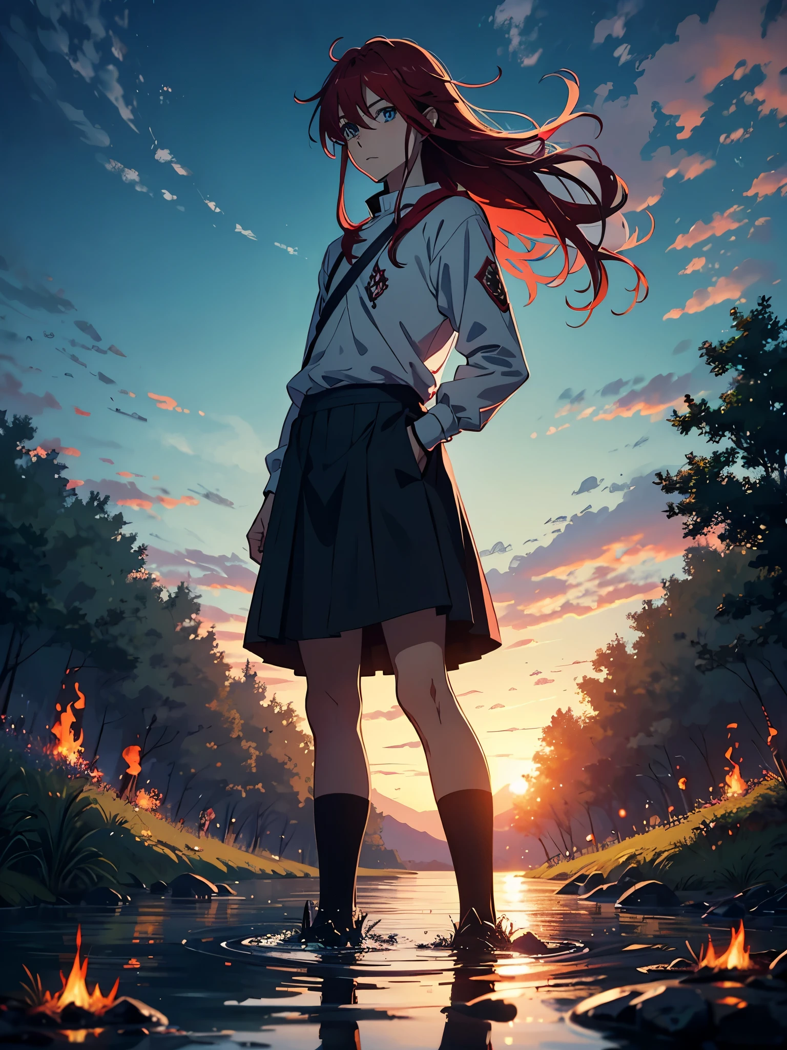 Boy in skirt. More anime style. blue flames. 2d. flatter. anime style. Viking clothing. soft. More anime. Standing in a lake. More anime. More 2d. Clean. More anime. 2d. Glow. Red hair. More anime. male. Long hair. long red hair. boy, vikings. red hair. Blue eyes. fire. 