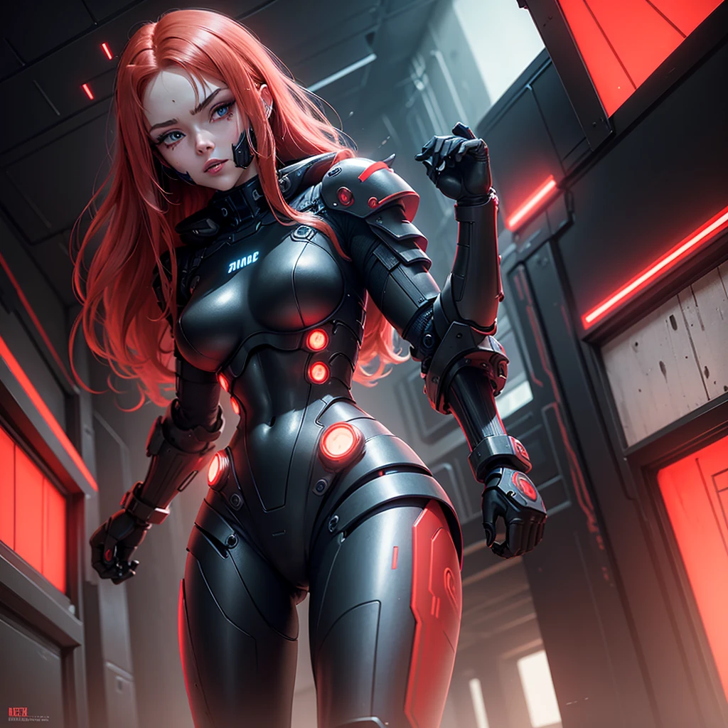 View from below, angle from below, flat horizon photo, Girl android , she has long red hair, she has a mask on her face, a respirator, a woman with sexy hips, half cyborg, nanotechnological modifications. Beautiful face, black metal cybernetic android robot body in black color, with red lines of indicators and diodes with many red parts, cybernetic armor with a red glow from under the joints and joints, she has blue eyes and stands tall , frame with a flat horizon, Anime Style Photography , Red Lasers,  black background Cyberpunk style, the camera films Her from below, lower angle of photography, black background image of a night black city and red neon lights, red lamps, red lighting, red flashes in the background