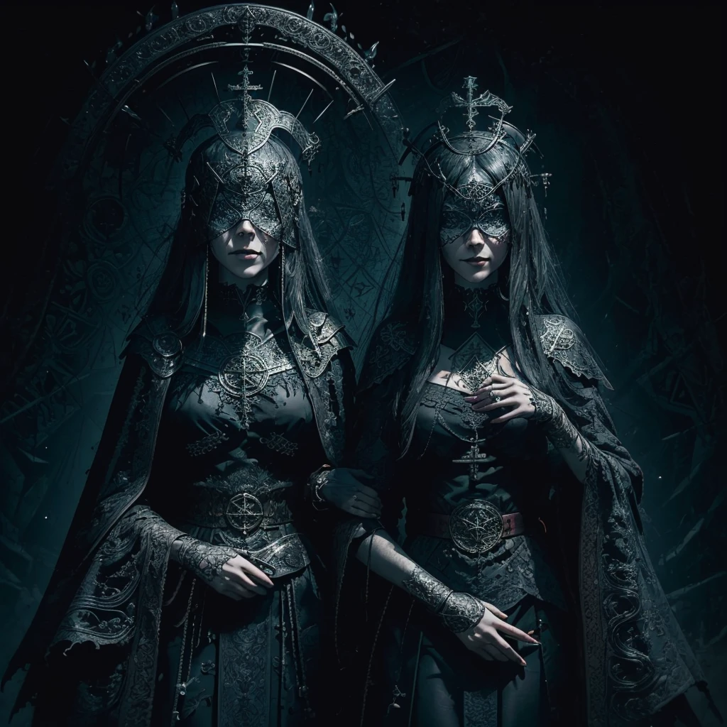 (Masterpiece:1), realistic, ((cinematic lighting)), official art, unity 8k wallpaper, ultra detailed crown mask, beautiful and aesthetic, High quality tool, beautiful, best quality, ((occult symbols)), esoteric, holy divination, fractal patterns, (a sister), a young 25 years old woman wearing a silver blind mask, big breast, (smile: 0.8), thin and slender, black long hair (black hair: 1.2), black lips, perfect hands, perfect fingers, straight hair, choker, (black clothes), armor, ((Cassock)), capelet, elbow gloves, a crow (a crow: 1.2), on side, full body (from below, dutch_angle: 1.1), dutch angle, gothic cemetery, horror, dark_fantasy.