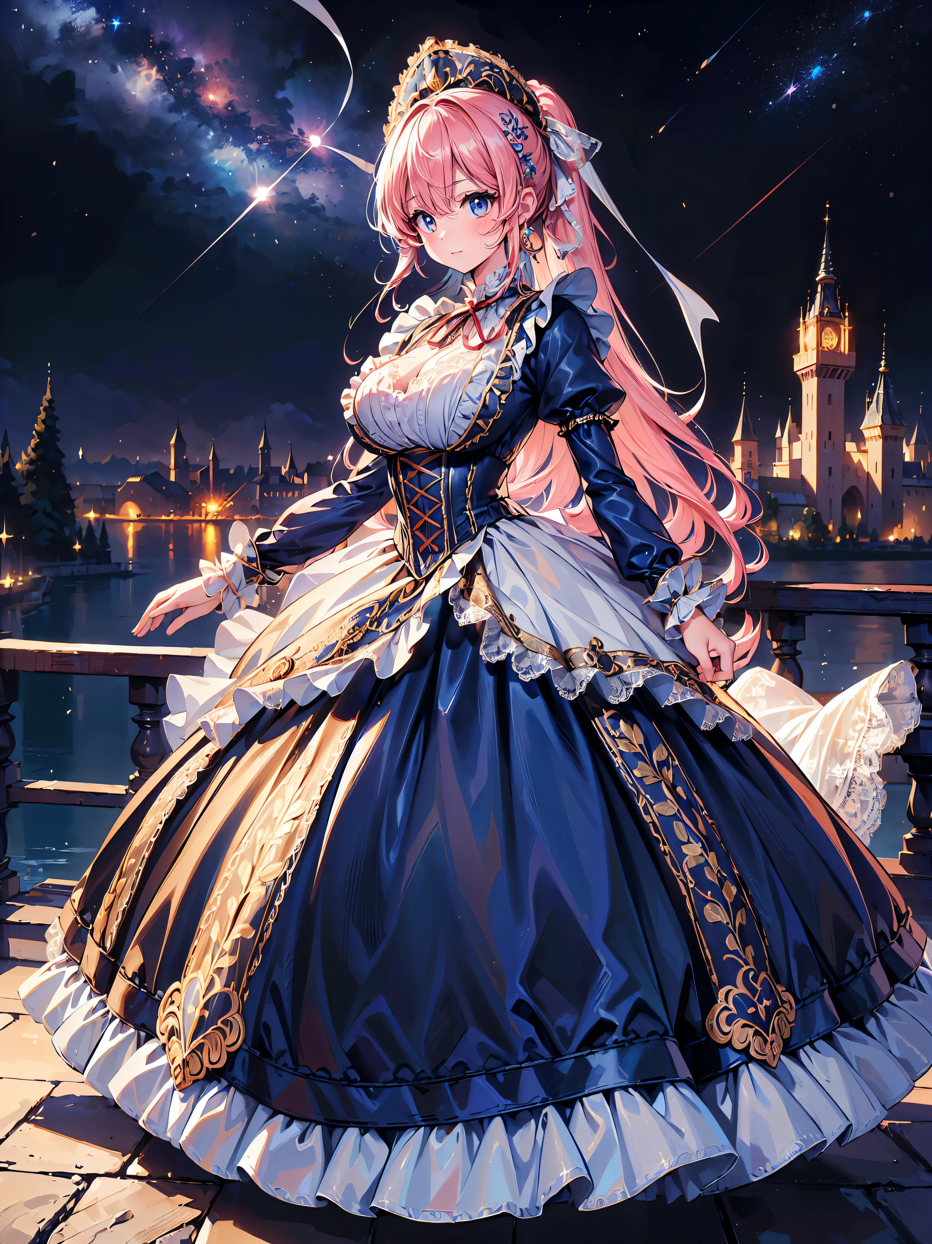 ((Superbly detailed drawing, ultra detailed, exquisite quality, absolutely resolution)), (((young face solo princess))), (((Unsurpassed gorgeous rococo victorian gown with voluminous huge hoopskirt and long hems, princess style skirt:1.5))), ((transparency gown, fluffy and full of pleats skirt:1.3)), (Super detailed and intricate exquisite design gown:1.5), ((overwhelming amount many ruffles with ribbons with intricate lace with Super detailed and intricate embroidery gown:1.9)), ((huge breasts, breasts cleavage)), (ponytail, fluffy long Expressive, hair pink hair), super voluminous long hair, hair ornament tiara, happy smile, ((curtsey), (blurry background, depth of field:1.35), super detailed skin, super delicate and beautiful face, (eyes blue eyes), (backlighting, particle effect, caustics), (((sharp focus))), ((fantasy castle, night sky)), (magnificent panorama view, dynamic angle, dynamic pause:1.3),