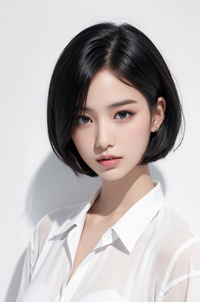 white background, short hair, layerd black hair, white shirt
