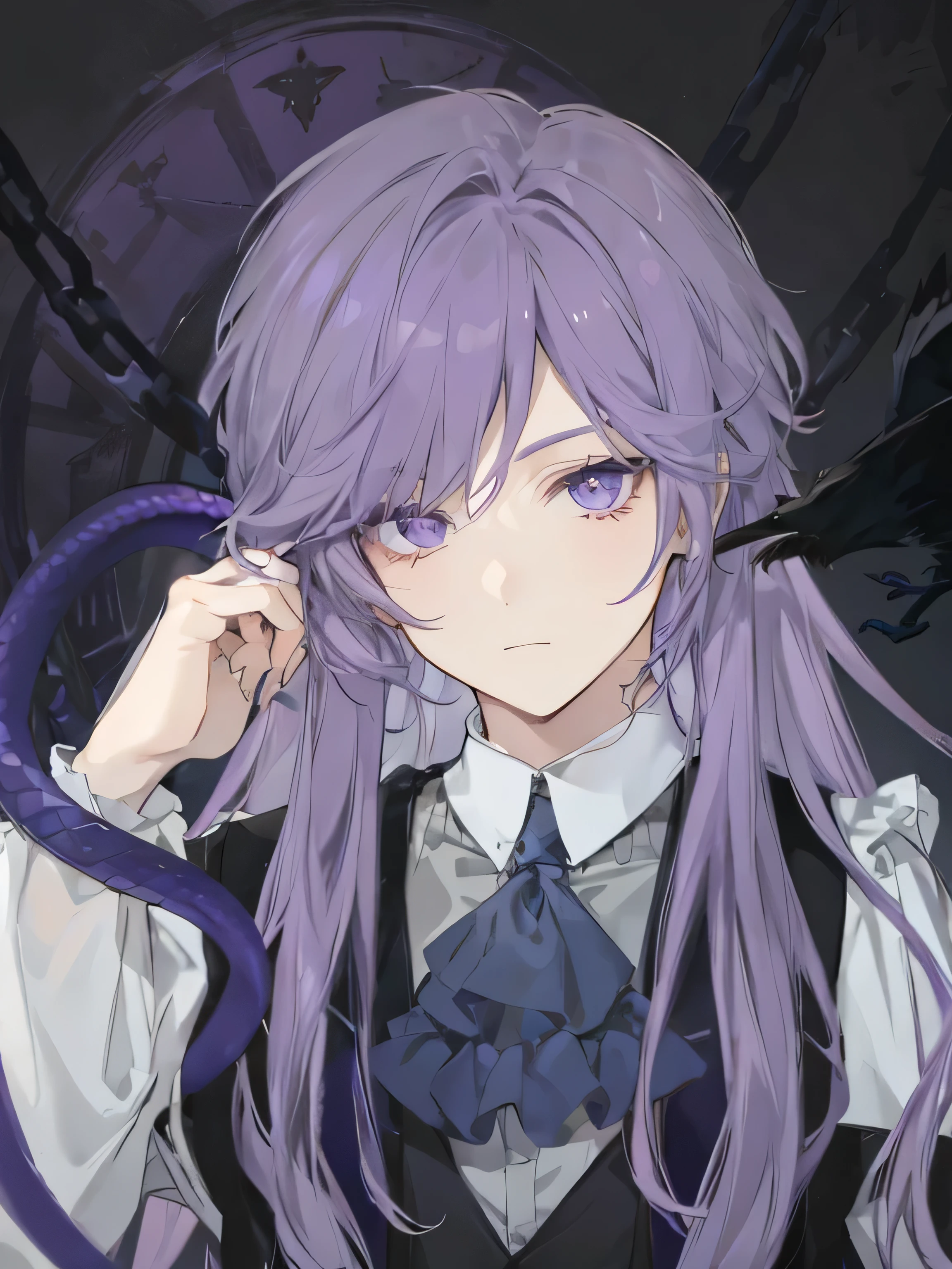male，hansome，Purple Hair，Purple Eyes，A blue snake is wrapped around the hand，There is a crow on the right，Background with chains，Dark
