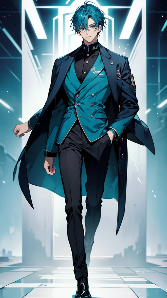 A man wearing a blue jacket and black trousers is standing, Teal Uniform, Tall anime guy with blue eyes, Blue Uniform, One character's whole body, Hajime Yatate, inspired by Okumura Masanobu, inspired by Okumura Togyu, As an anime character, JK Uniform, Official character art, Danganronpa digital art