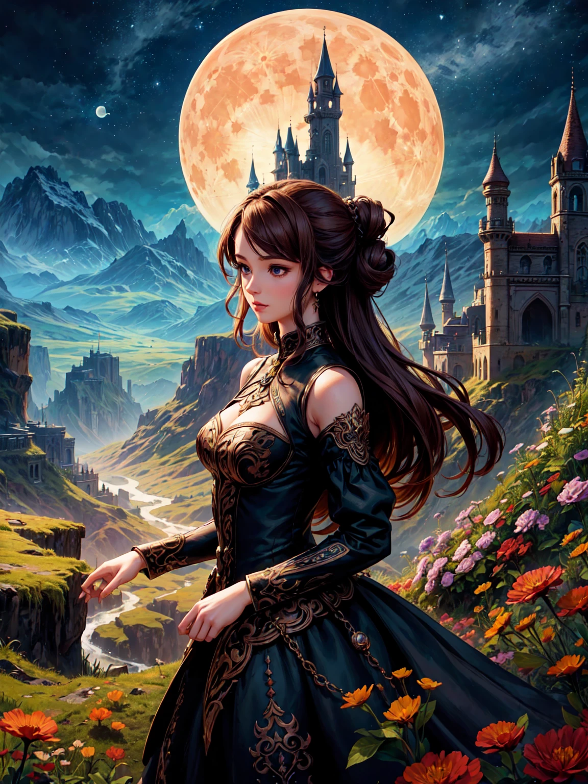 a highly detailed fantasy digital art, beautiful detailed face, brown hair, updo hairstyle, castle, mountains, dark colored long dress, moon, flowers, papercut