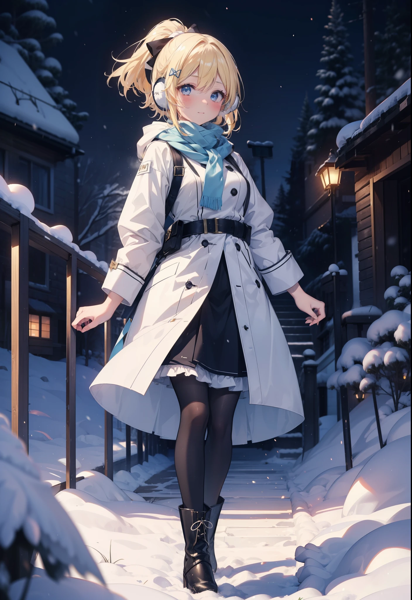 Eliase, catalyst, Yellow Hair, blue eyes, Hair Ribbon,ponytail,Earmuffs,smile,blush,Open your mouth,White Breath,White scarf,Light blue long coat,White long skirt,Black pantyhose,short boots,Walking,snowが降っている,snowが積もっている,snow,snow,snow,night,whole bodyがイラストに入るように,
break looking at viewer,whole body,
break outdoors,Residential Street,
break (masterpiece:1.2), Highest quality, High resolution, unity 8k wallpaper, (figure:0.8), (Beautiful attention to detail:1.6), Highly detailed face, Perfect lighting, Highly detailed CG, (Perfect hands, Perfect Anatomy),