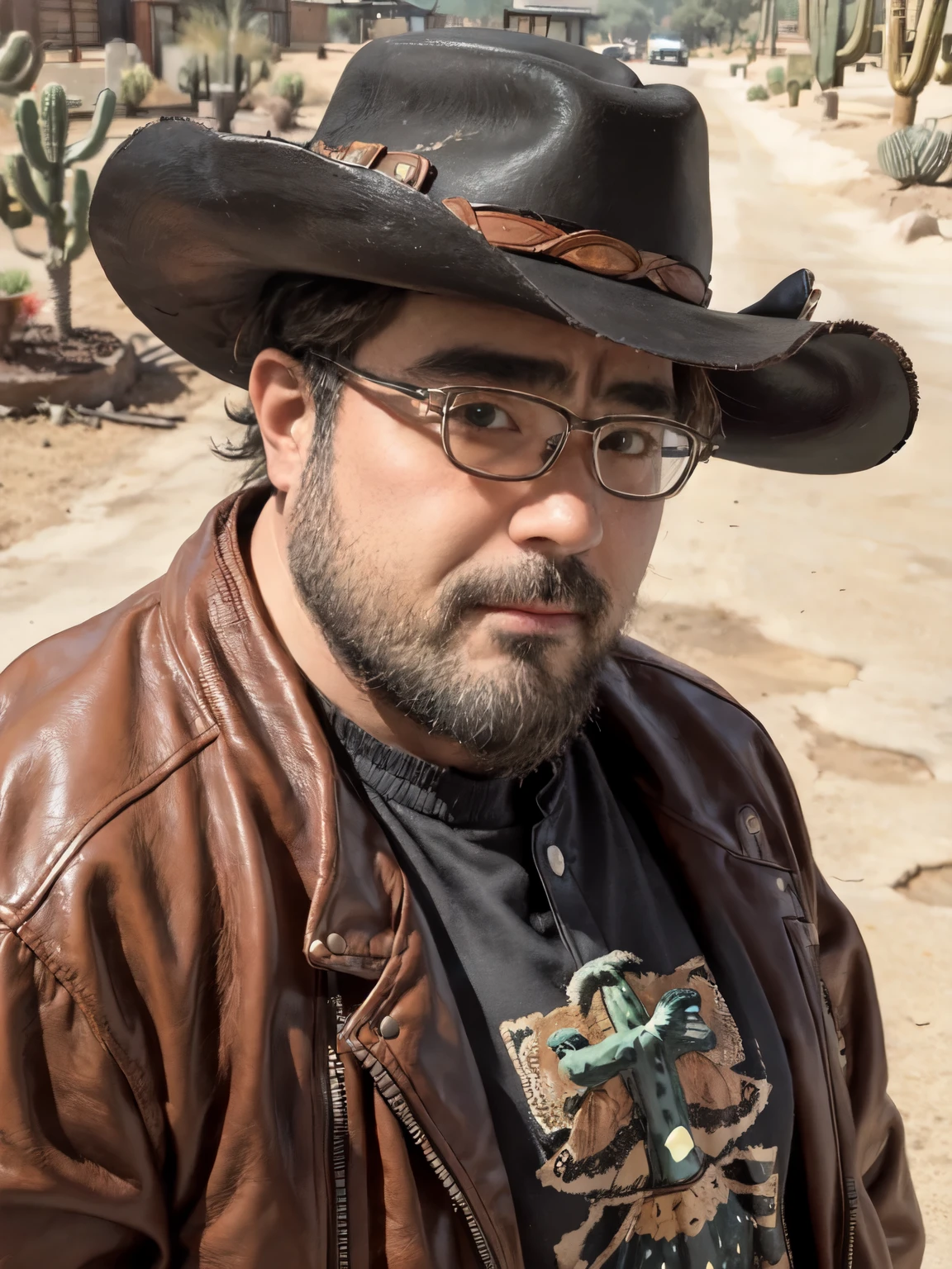 male, alone, beard, Glasses, obesity, Cowboy hat, leather jacket,Collared shirt,  saddle, desert, Cactus, Animal Pass, sunlight, hot, From the side