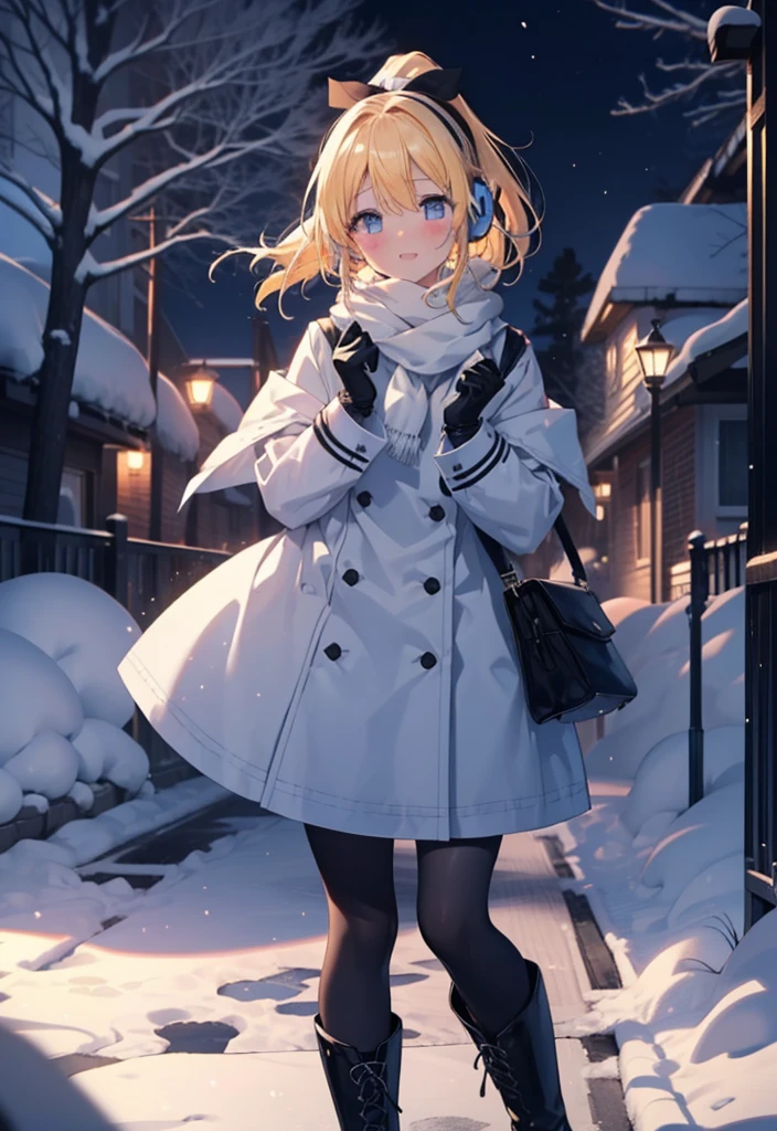 Eliase, catalyst, Yellow Hair, blue eyes, Hair Ribbon,ponytail,Earmuffs,smile,blush,Open your mouth,White Breath,White scarf,Light blue long coat,White long skirt,Black pantyhose,short boots,Walking,snowが降っている,snowが積もっている,snow,snow,snow,night,whole bodyがイラストに入るように,
break looking at viewer,whole body,
break outdoors,Residential Street,
break (masterpiece:1.2), Highest quality, High resolution, unity 8k wallpaper, (figure:0.8), (Beautiful attention to detail:1.6), Highly detailed face, Perfect lighting, Highly detailed CG, (Perfect hands, Perfect Anatomy),