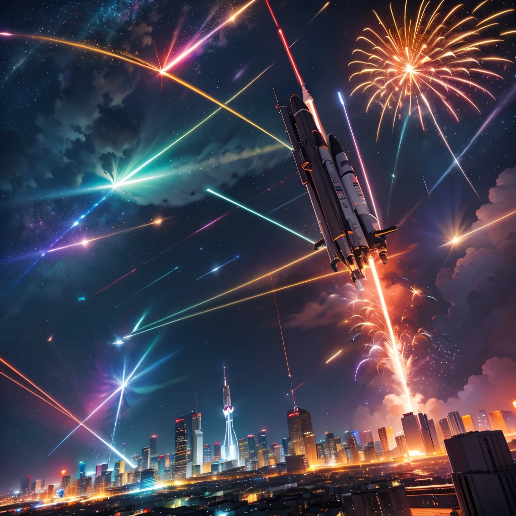colorful rays of rockets, lasers and shots against the backdrop of the night city